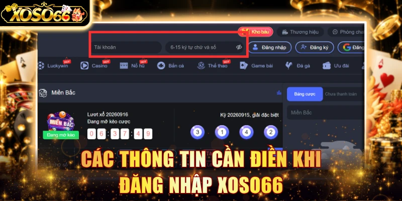 Các thông tin cần điền khi đăng nhập Xoso66
